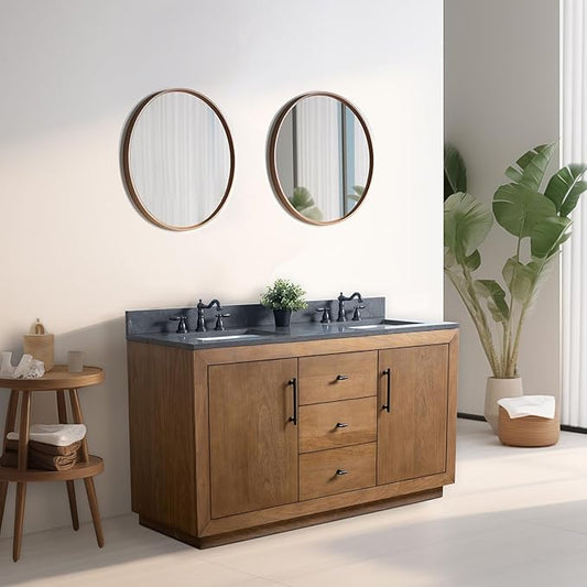Vanity Art 60 inch Double Sink Bathroom Vanity, Solid Poplar Wood, Vanity Cabinet with Doors and Shelf, Modern Wood Bathroom Vanity with Black Marble Top, 3 Functioning Drawers, VA70-60-DT-B