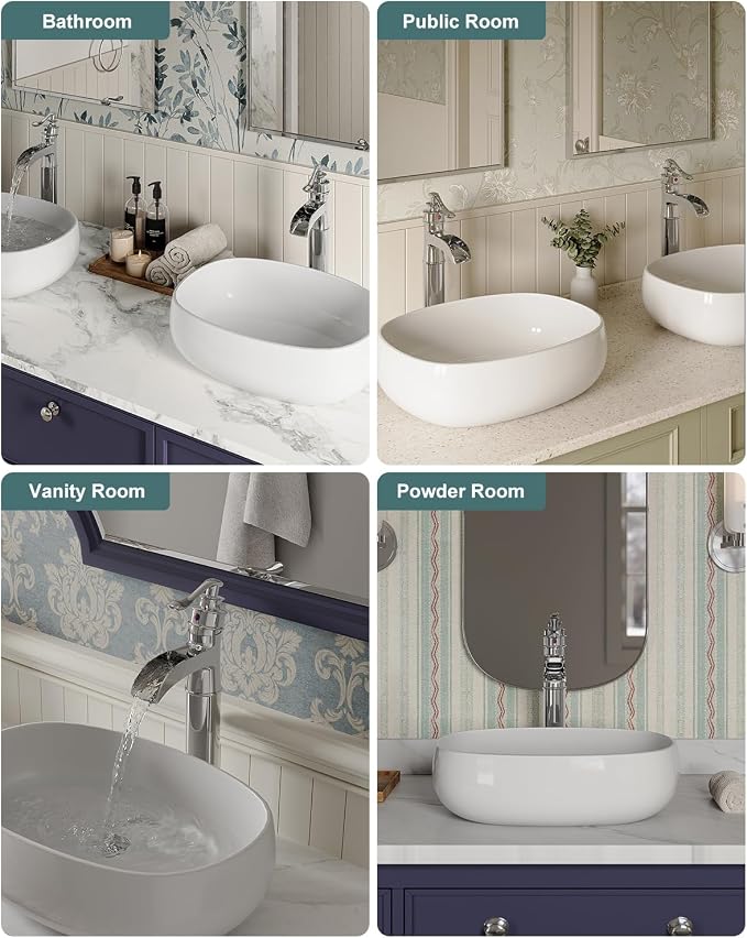BWE Vessel Sink Faucet Chrome Polished Waterfall Spout Tall Body 1 Hole | Tall Bathroom Faucets with Pop Up Drain Assembly Without Overflow Supply Lines Lavatory Vanity Faucets Commercial