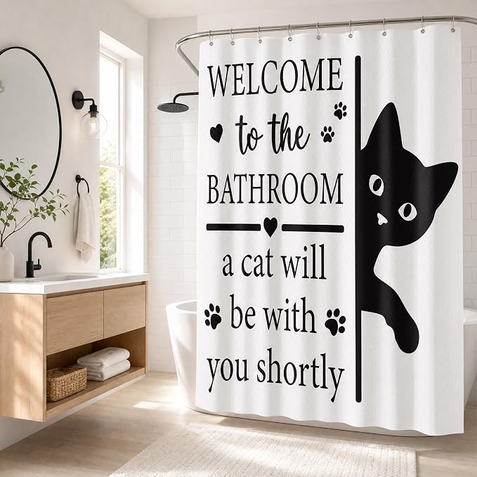 Funny Cat Shower Curtain, Fun Cartoon Black Cat Bath Curtain | 72x72 Inches, Waterproof Polyester Fabric, Welcome to the Bathroom Decor for Home Decorations, Includes 12 Hooks