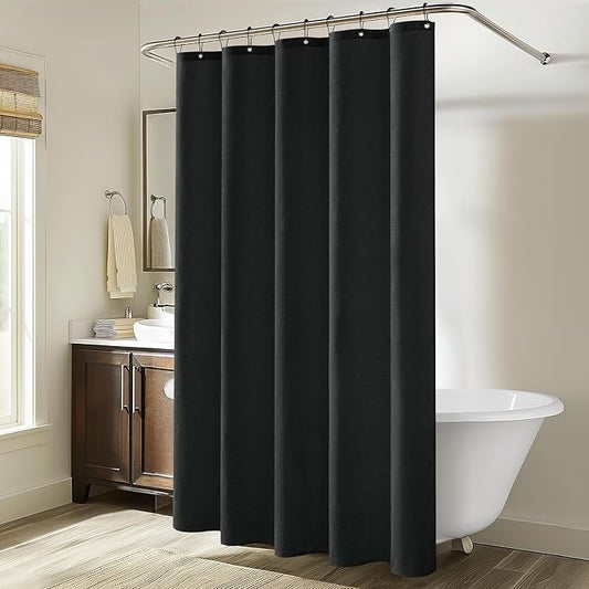 MIULEE W60*L84 Extra Long Linen Shower Curtain Black 10 Metal Hooks | Washable, Fabric Curtain Set, Waterproof Neutral Thick Cloth Shower Curtain, Bathroom Hotel Bathtub
