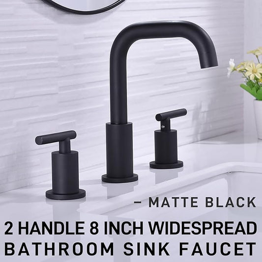 TRUSTMI 2-Handle 8 Inch Widespread Bathroom Sink Faucet, 3 Hole Brass Bathroom Faucet with cUPC Water Supply Lines and Pop Up Drain Assembly, Matte Black