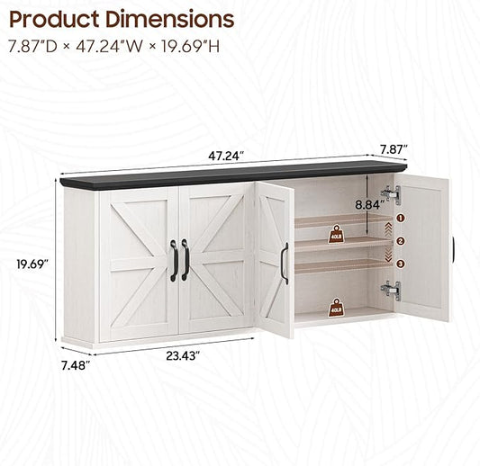 47" Laundry Room Cabinets and Storage with 4 Doors and Utility Adjustable Shelf, Large Wall Mounted Storage Cabinet, Upper Kitchen Cabinet for Laundry, Bathroom, and Kitchen, White and Black