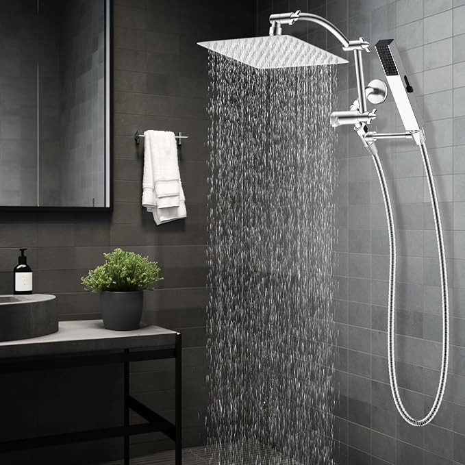 Hibbent All Metal CUPC Certified 10'' Rain Shower Head, Dual Shower Head Combo, High Pressure Handheld 4 Sprays Shower Wand, 16'' Adjustable Extension Arm, 71'' Hose, Shower Holder, Chrome