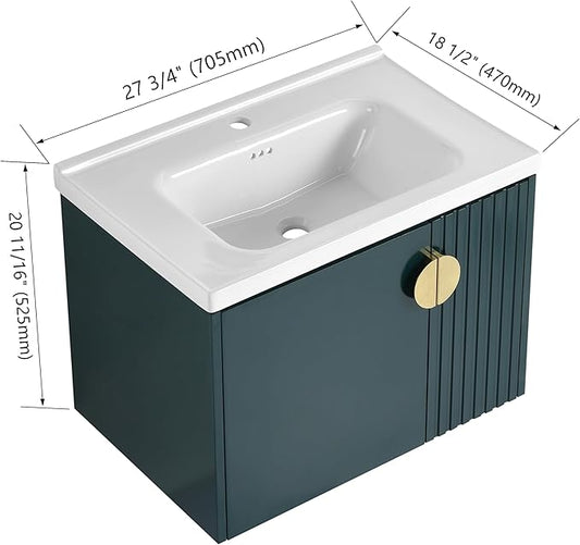 Malwee 28" Floating Bathroom Vanity with Sink, 28 Inch Single Sink Wall Mounted Bathroom Vanity, with 2 Doors and White Ceramic Basin Top, Green Cabinet Set with 3 Color Handles (081-28)
