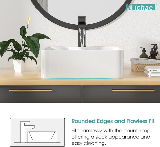 16"x12" Rectangle Bathroom Vessel Sink with Faucet Combo Porcelain Ceramic White Vanity Sink Above Counter Modern Sink with Faucet Hole for Lavatory, Hotel Art Basin, Home Washing Basin