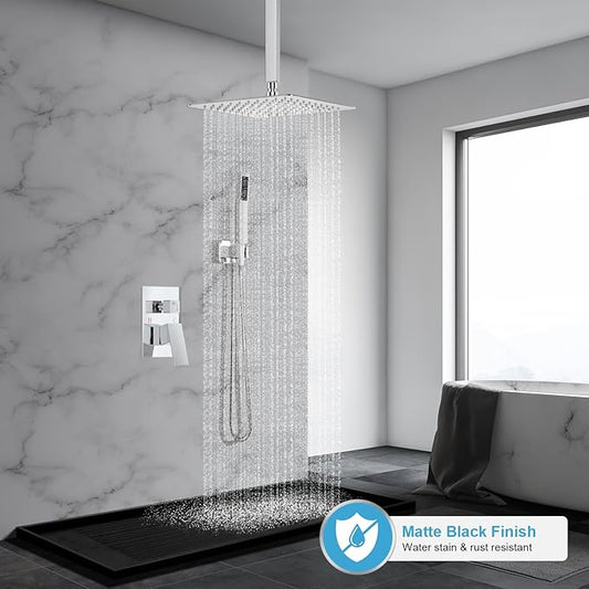 Ceiling Mount Shower Faucet Set, Rain Shower System, 10 inch Ceiling Shower Faucet with Handheld Shower Head, With Shower Valve and Trim Kit Polished Chrome