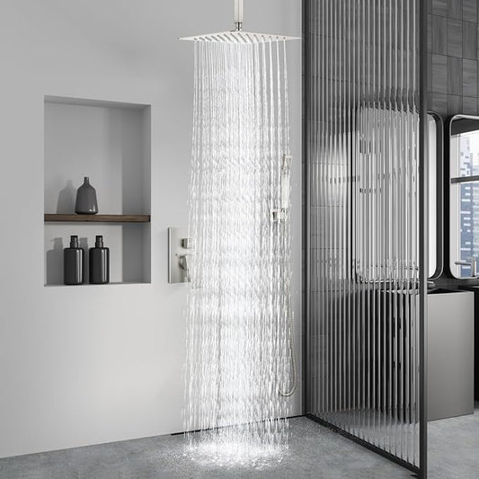Aolemi Ceiling Shower Faucet with Handheld 16 Inch Head Brushed Nickel | Shower Valve and Trim Kit,SUS304 Rain Head and Handle Set System,All Metal,Bathroom, Handheld Spray