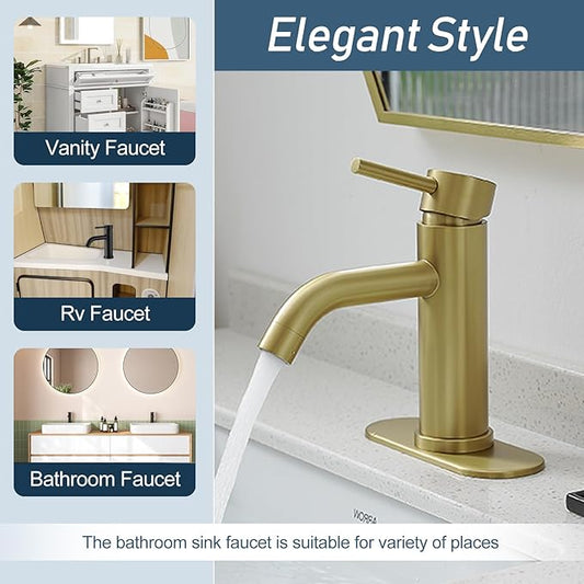 Gold Bathroom Faucets, Modern Single Handle Brushed Gold Vanity Sink Faucet 1 Hole with 3 Hole Deck Plate, Rv Sink Camper Farmhouse Bathroom Utility Remodel Faucet