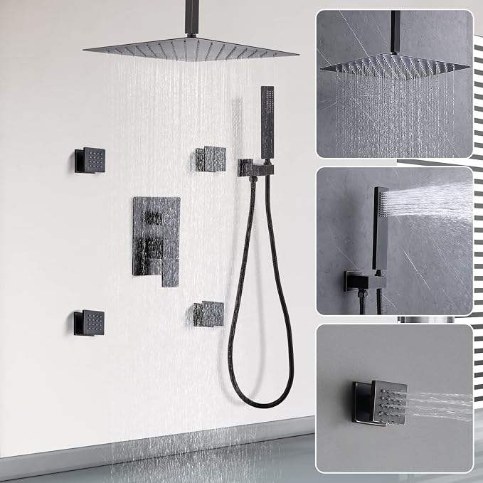 Enga Oil Rubbed Bronze Rain Shower System with Body Spray, 12inch Ceiling Rainfall Shower Faucet Complete Kit with 3-way Diverter Valve