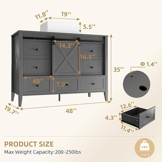 VNN Bathroom Vanity with Sink - 48 Inch Bathroom Vanity with Sink Ceramic, Freestanding Cabinet with Farmhouse Sliding Barn Door and 7 Drawers, Space-Saving Storage Cabinet, Grey