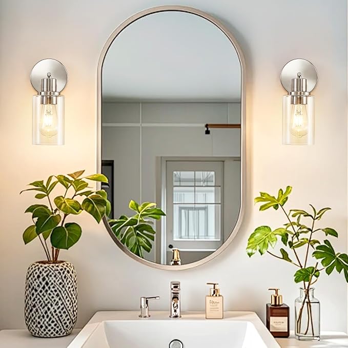 DLLT Wall Sconces Set of Two: Modern Bathroom Vanity Light Fixtures - Nickel Vanity Lights with Clear Glass Shade - Farmhouse Wall Lamp for Bedroom Living Room Mirror Hallway Kitchen