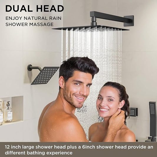 Shower Systems with 4 Body Spray Jets, STARBATH 4 Way 12+6" Rainfall Shower Head with Handheld Combo, Wall Mounted Shower Jets System Shower Faucet Sets Complete, Matte Black