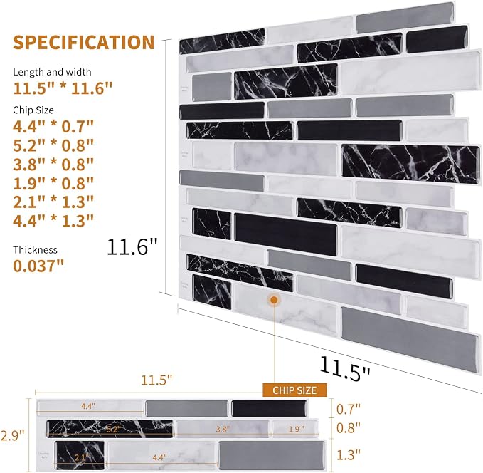 WOWSTAR 10-Sheet Peel and Stick Backsplash Tile for Kitchen Wall, Back Splash Stick On Tiles for Kitchen (12"x 12", Black Marble) | Peel and stick backsplash, self-adhesive wall tile, Black Marble, waterproof, kitchen bathroom wall, 10-sheet