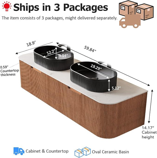 60" Floating Bathroom Vanity with Double Sink, Modern Wall-Mounted Bathroom Vanities with Marble Top and Oval Ceramic Sink, Soft-Close Design, Natural Solid Wood Cabinet, Pre-Assembled, Natural Wood