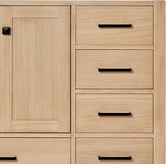 Beckford 60-Inch Oak Bathroom Vanity with Sink, 1.5-Inch Carrara White Marble Countertop & 4-Inch Backsplash, 2 Soft Closing Doors, 9 Dovetail Drawers, Matte Black Hardware