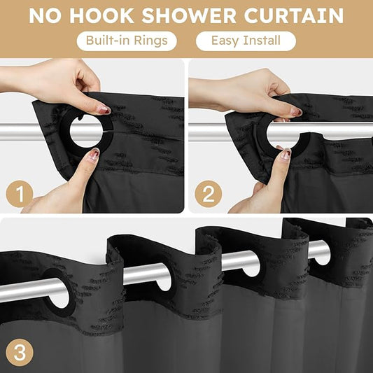 FADOTY Black No Hook Shower Curtain Set with Snap in Liner, 71'' x 74'' | Bathroom Hotel Fabric Curtain, Waterproof Washable Liner, See Through Top Window, Ringless Chevron Tufted Cloth Curtain