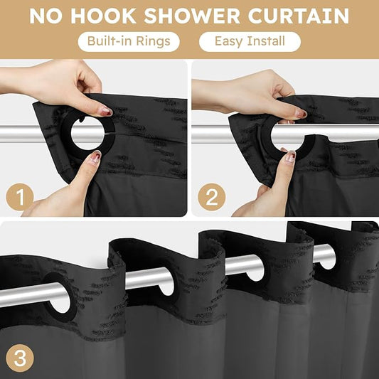 FADOTY Black No Hook Shower Curtain Set with Snap in Liner, 71'' x 86'' | Bathroom Hotel Fabric Curtain, Waterproof Washable Liner, See Through Top Window, Ringless Chevron Tufted Cloth Curtain