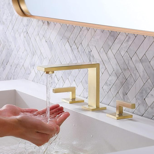 VCCUCINE Gold Bathroom Faucet, Modern Commercial 2 Handle 3 Holes Brushed Gold Widespread Bathroom Brass Lavatory Vanity Sink Faucet with Water Supply Lines,DSTVC051-2GN
