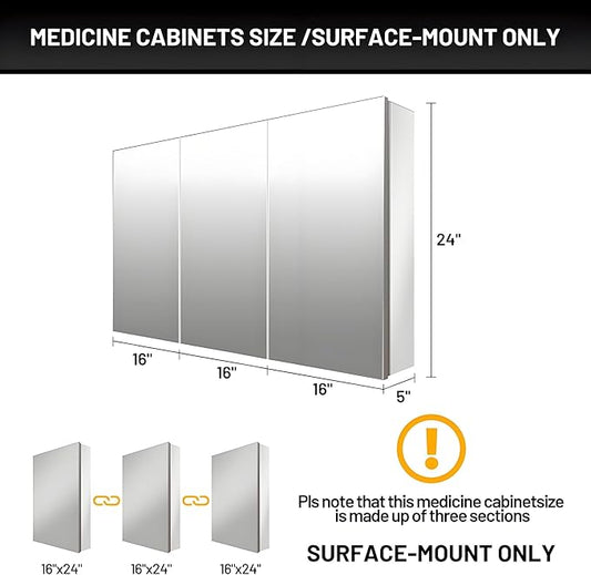 48 x 24 Medicine Cabinet Mirror for Bathroom,Assembly Required,Aluminum Alloy Frame,Surface-Mount Only,Mirrored Side Panel,Adjustable Shelves,Bathroom Medicine Cabinet with Mirror