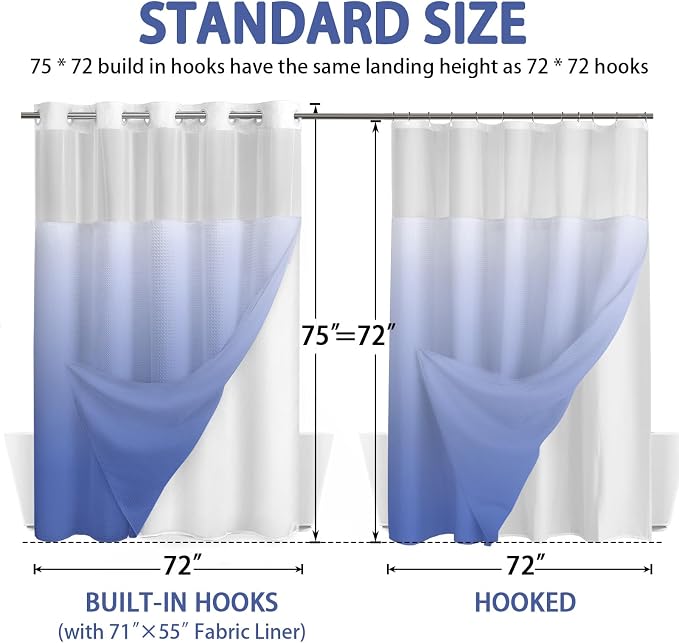 No Hook Shower Curtain with Liner Hotel Waffle Ombre Light Blue 72W X 75L | Washable Snap in Fabric Liner, Mesh Top Window, Waffle Hotel Style Shower Curtain Set