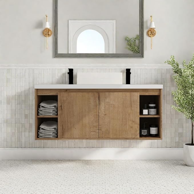 Floating Bathroom Vanity, 48" Bathroom Storage Cabinet with Double Resin Sinks, 2 Soft-Close Doors & 4 Open Storage Shelves, Modern Wall-Mounted Vanity with 45° Bevel Handles, Oak