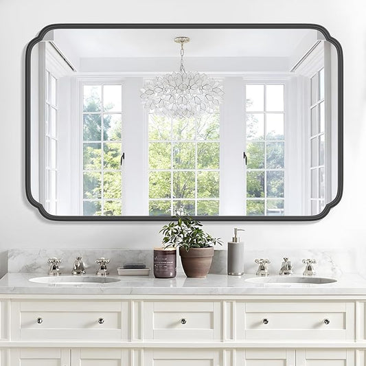 White 30"x48" Bathroom Mirror for Wall, Large Bathroom Vanity Mirror, Rounded Rectangle Mirror in Wooden Frame Hangs Horizontal Or Vertical