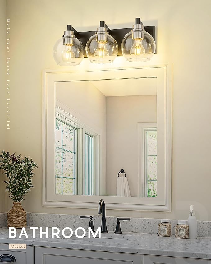 3-Light Black and Nickel Bathroom Vanity Light, Clear Glass Globes | 18" modern bathroom light fixtures over mirror, E26 base, bulbs not included, VL195-KN-3