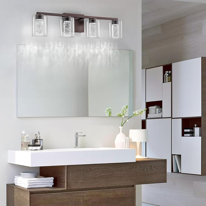 SineRise 4-Light Bronze Vanity Light with 3 Color Modes (3000K/4000K/6000K), Eye Protection LED Bathroom Light Fixture, Dimmable Modern Wall Light Over Mirror with Clear Glass Shade