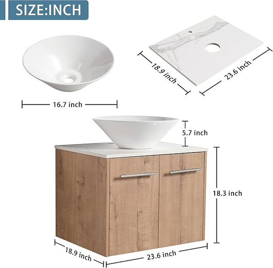 24" Floating Vanity with Sink, 24 Inch Bathroom Vanity with Sink, Modern Plywood Floating Cabinet with Sintered Stone Countertop and White Ceramic Basin, Soft Close Doors