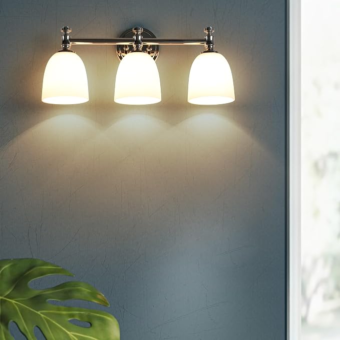 Bathroom Vanity Light, 3-Light Bathroom Light Fixtures Over Mirror, Traditional Vanity Lights for Living Room, Milk White Bell Glass Shades, Standard E26 Base, Polished Nickel