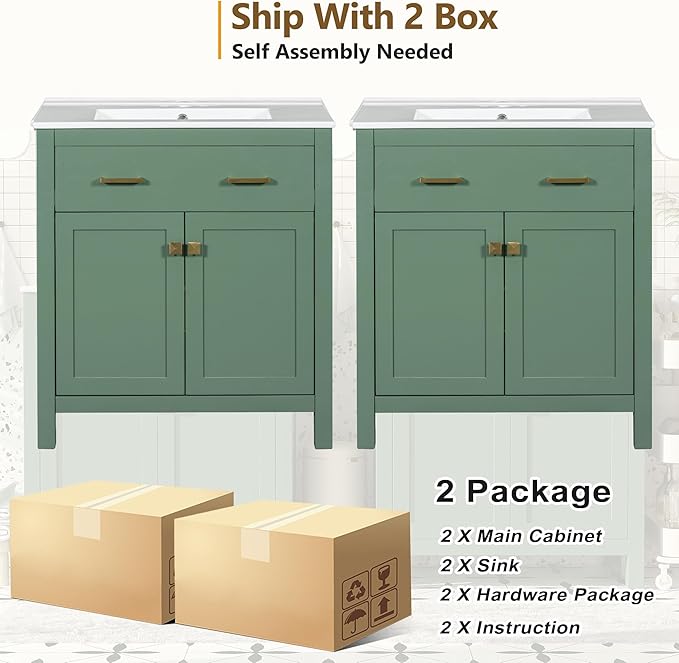 Harper & Bright Designs 60" Bathroom Vanity Set with Double Sink, Vanity Cabinet with Flip Drawer, 2 Doors, and Adjustable Shelf, Solid Wood Bathroom Cabinet with Ceramic Basin for Bathroom, Green
