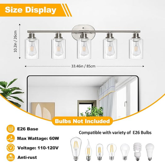 Bathroom Light Fixtures, 5 Light Vanity Lights for Bathroom, Brushed Nickel Wall Lamp with Clear Glass for Mirror, Living Room, Hallway, Cabinet, E26 Base