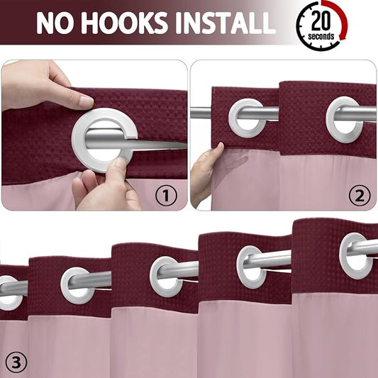 No Hook Shower Curtain with Liner Set Hotel Waffle Burgundy 72W X 75L | Washable Snap in Fabric Liner, Mesh Top Window, Waffle Hotel Style Shower Curtain Set