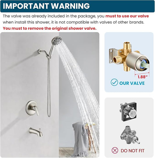 gotonovo Tub Shower Faucet Set with Valve 6 Mode Handheld Brushed Nickel | Bathtub Faucet Set,6 Mode ABS Handheld Spray,6.3’’ Metal Tub Spout,Brass Valve Trim Kit,Shower Head and Handle Kit,Wall Mount