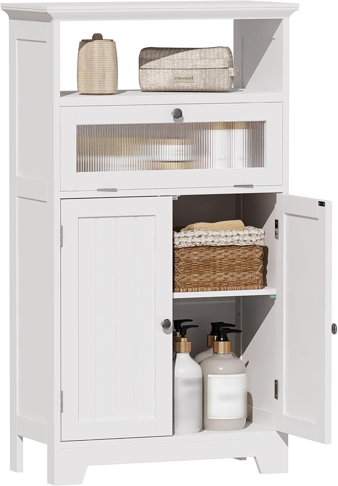 ChooChoo Bathroom Cabinet with Flip Glass Drawer,Freestanding | Adjustable Shelf & 1 Open Storage, Living Room, Hallway, Pure White