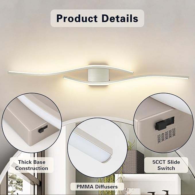 Joossnwell Brushed Nickel Vanity Light for Bathroom Lights Fixtures Modern | 5CCT Dimmable Vanity Lights Bar 39.37 Inch Led Bath Light Fixtures Over Mirror