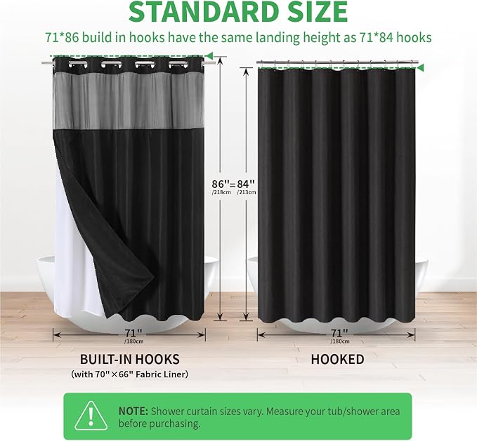 eachope No Hook Linen Texture Shower Curtain with Snap-in Liner,71x86 Black | Extra Long,230GSM Thick Fabric,Hotel Luxury Decor,Mesh Top Window,Bottom Magnetic,Waterproof & Machine Washable,for Bathroom