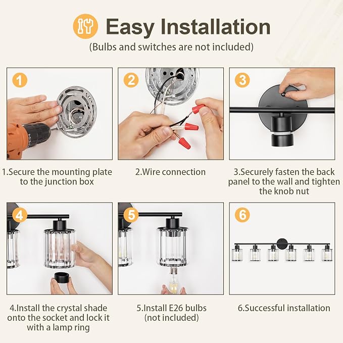 Modern Black Crystal Bathroom Light Fixtures,6-Light | Bathroom Lighting Fixtures over Mirror,Vanity Lights for Mirror, Restroom(Ceramic E26 Socket,Bulbs Not Include)