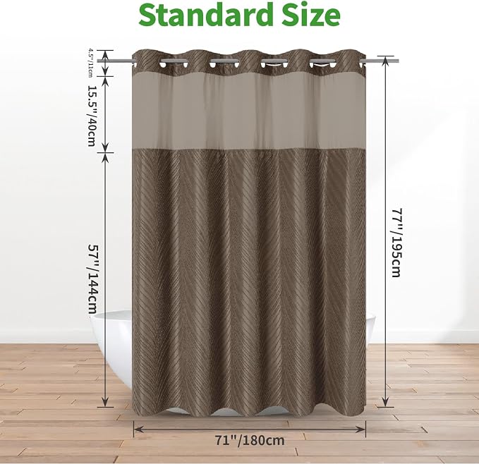 eachope no Hook Shower Curtain and Liner Set,Boho Style with See Through Top Window, Brown Fabric Tufted Striped Textured Outer Curtain & Waterproof Inner Liner, Brown, 71Wx77H