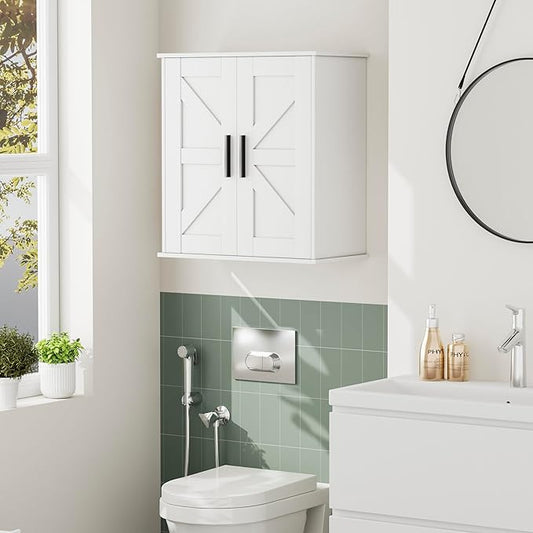 Bathroom Wall Cabinet, Over Toilet Storage Cabinet with Barn Doors and Adjustable Shelves, 3-Tier Medicine Cabinet Wall Mounted, for Bathroom, Kitchen, Entryway, Laundry Room, White, (11.8" D)