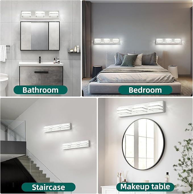 Bathroom Crystal Vanity Light Fixtures, Modern LED Vanity Light for Bathroom, 3 Lights Crystal Mirror Front Lamp, 6000K Cool White, 18W, Dia 22 Inch ETL Listed