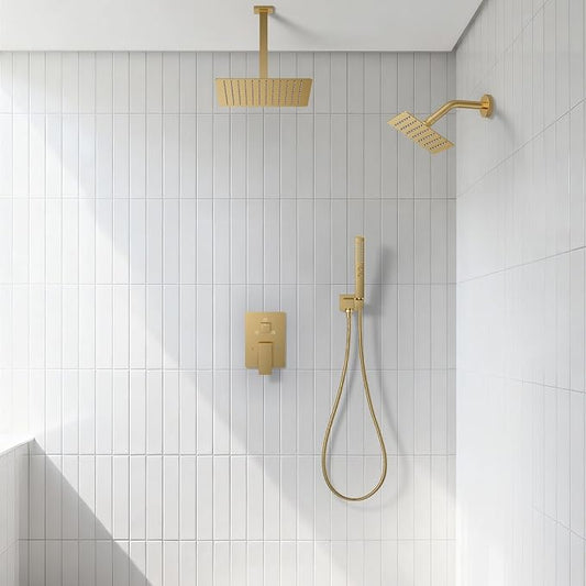 Rain Shower System 12" & 6" Dual Shower Heads Ceiling Shower Faucet Set | Ideal for bathroom remodels and upgrades with 12" rain shower, 6" angled shower, handheld spray and complete valve kit.
