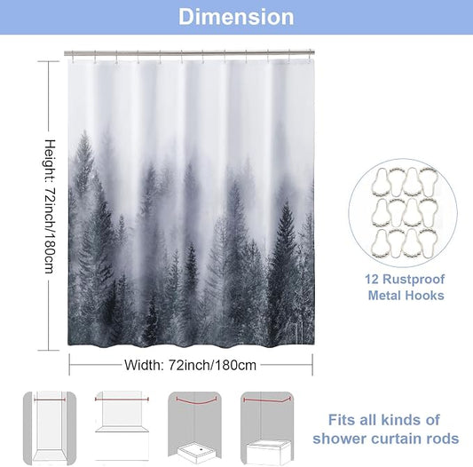 ORTIGIA Grey Shower Curtain for Bathroom, Misty Forest Shower Curtain Set with Rustproof Hooks, Decorative Pine Tree Fog Magic Bath Curtain for Home, Waterproof Fabric, Weighted, 72x72