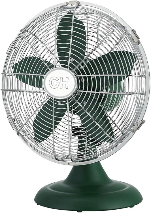Good Housekeeping 92617 All-Metal 12" Retro Desk Office Table Fan with Wide Oscillation, 3-Speed Settings & Carrying Handle, Alpine Green