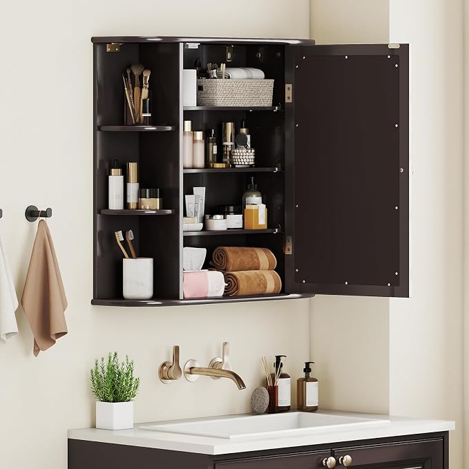 GIANTEX Bathroom Medicine Cabinet (Brown) | Wall Mounted Medicine Cabinet with Mirrored Door & 4 Interior Shelves, 6 Open Shelves, Space-saving Storage Cabinet