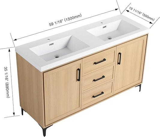 60" Freestanding Bathroom Vanity with Double Resin Sink, Bathroom Vanity with Sink, 2 Soft Closing Doors & 3 Drawers, Original Oak Plywood (KD-Packing)