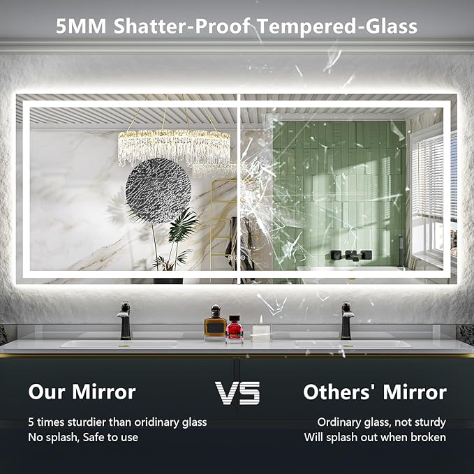 88x38 LED Bathroom Mirror with Lights, Lighted Vanity Mirror | Backlit and Front Light, Anti-Fog, 3 Color Dimmable, Memory, Tempered Glass, IP54 Waterproof, UL Listed