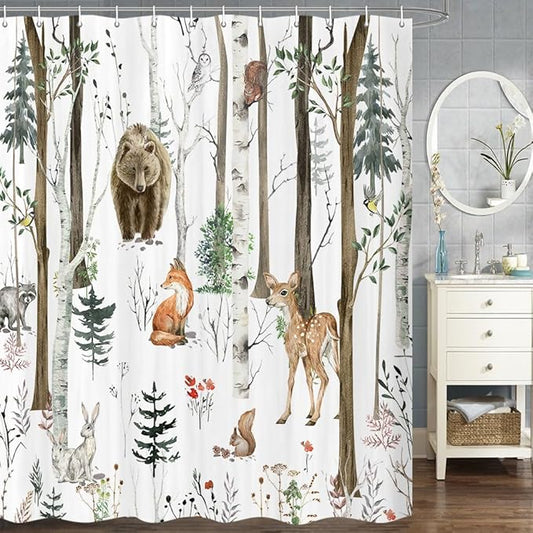 JAWO Rustic Forest Shower Curtain for Bathroom, Country Hunting Bear Deer Wild Animals Farmhouse Camper RV Shower Curtains, Cabin Nature Spring Bathroom Set with Hooks, 72X72 Inch
