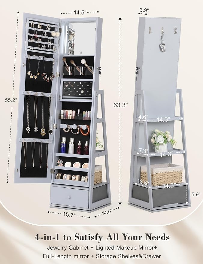Nicetree 360° Swivel Jewelry Cabinet with Lights, Full Length Mirror, Grey | Standing Mirror Jewelry Cabinet, Lockable Mirror with Storage, Lighted Interior Mirror, Rear Shelves, Flip-over Shelf