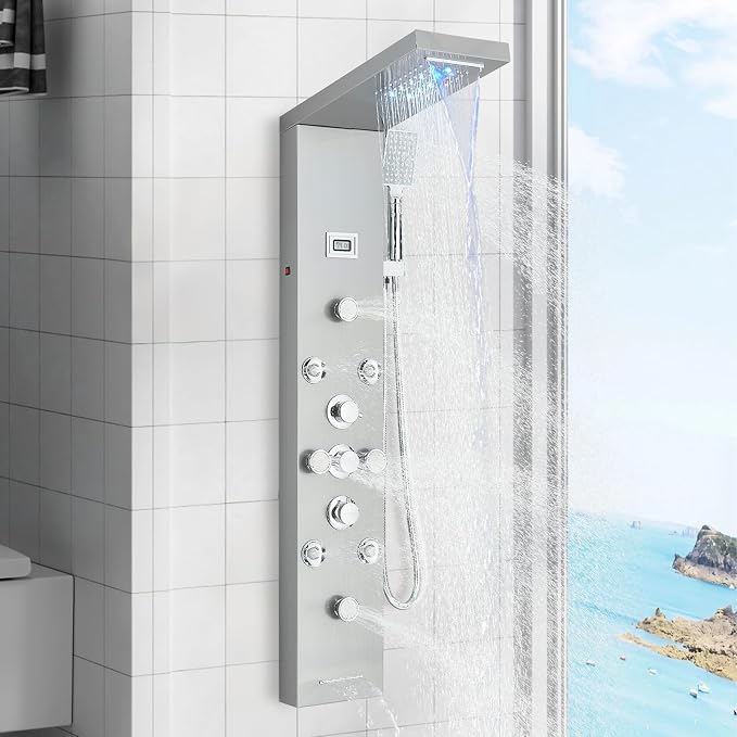 FUZ Shower Panel Tower System, Stainless Steel 6 IN 1 Shower Panel System with LED Fancy Rain Shower Head and Handheld, Adujstable Rainfall Massage Body Jets and Tub Spout, Brushed Nickel Shower Tower